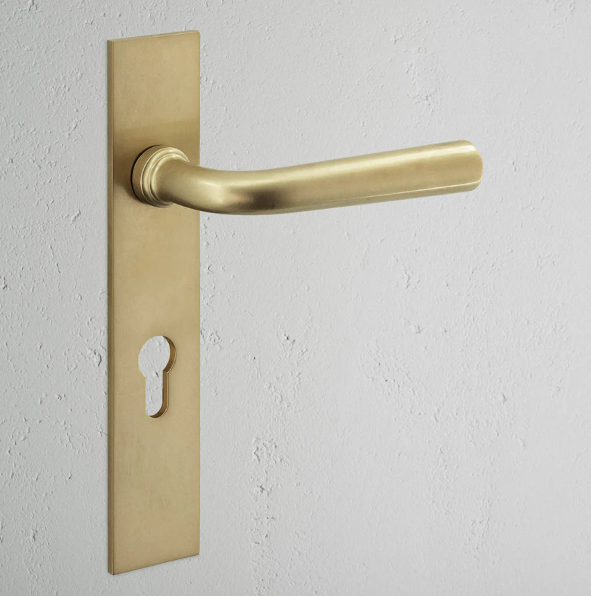 Apsley klamka do drzwi ze sprężyną, długim szyldem i profilem Euro mosiądz