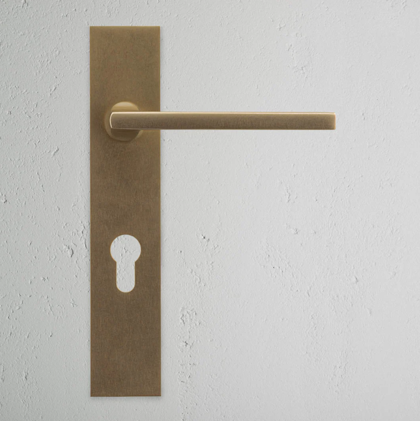 Clayton klamka do drzwi ze sprężyną, długim szyldem i profilem Euro mosiądz