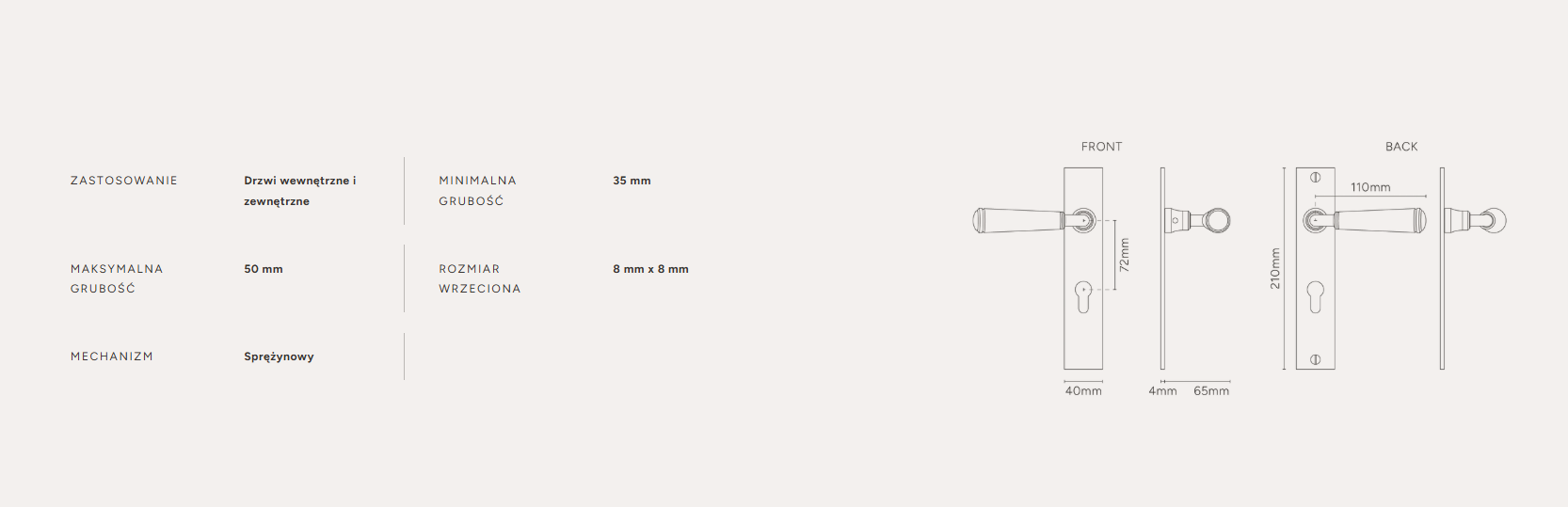 Digby klamka do drzwi ze sprężyną, długim szyldem i profilem Euro mosiądz