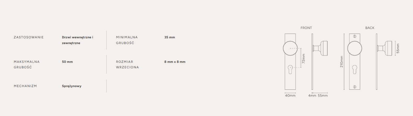 Onslow gałka do drzwi ze sprężyną, długim szyldem i profilem Euro mosiądz