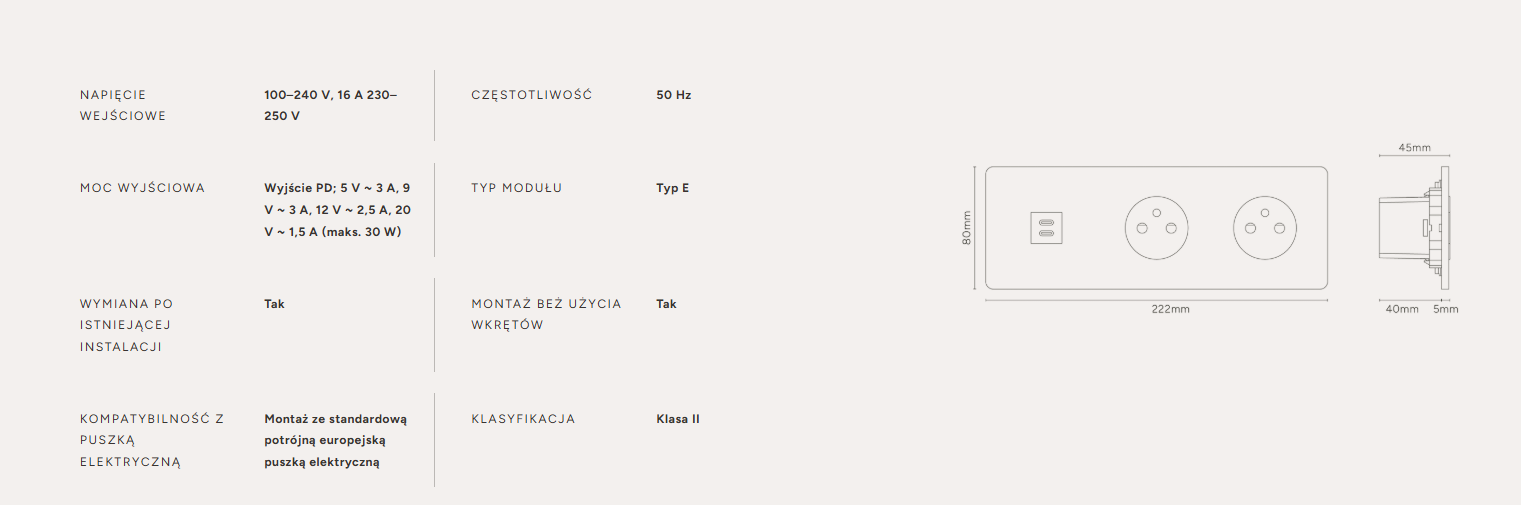 Grove Okrągły moduł gniazda USB 30 W i francuskiego x 2 w potrójnej ramce czarny